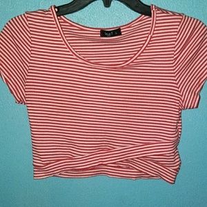 Red white short sleeve crop top. Size L